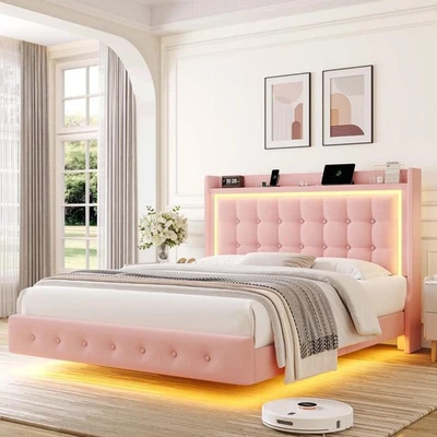 Modern Full Size Floating Platform Bed LED Lights Charging Station Upholstered - Image 1 of 4