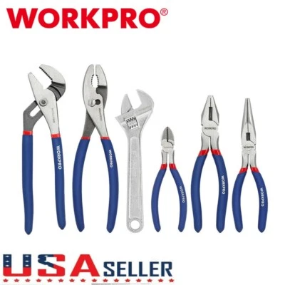 WORKPRO 6PC Steel Plier Wrench Set Diagonal Linesman Pliers Adjustable Wrench US