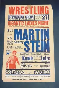 RARISSIMO 1937 poster wrestling MARTIN STEIN KUNKLE COLEMAN PARELLI Pasadena CA - Foto 1 di 1