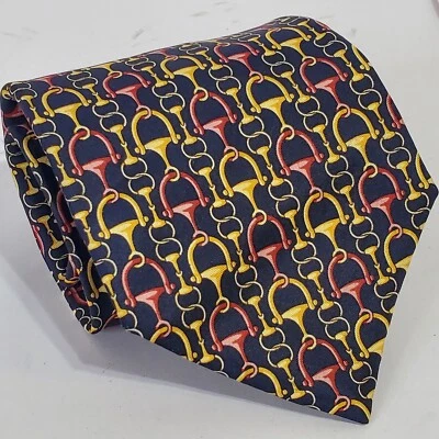 Corbata de cuello FENDI para hombre patrón de estribo mordida de caballo negro dorado borgoña seda Italia Foto 1 de 4