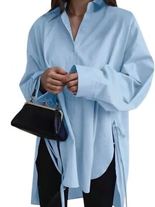 Women's Oversized Button Down Shirts Casual Loose Long Sleeve Long Blouses Tops - Picture 1 of 13