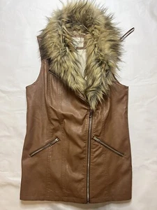 River Island Uk12 Brown Faux Leather With Faux Fur Trim Waistcoat Zipped Gilet - Picture 1 of 3