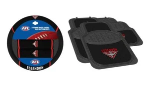 SET OF 2 ESSENDON BOMBERS AFL TEAM CAR STEERING WHEEL COVER & 4 FLOOR MATS - Picture 1 of 4