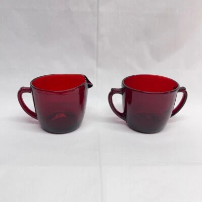 VTG MCM Anchor Hocking Ruby Red Open Sugar & Creamer USA 2 3/4" x 2 3/4" H 14 oz - Image 1 of 4