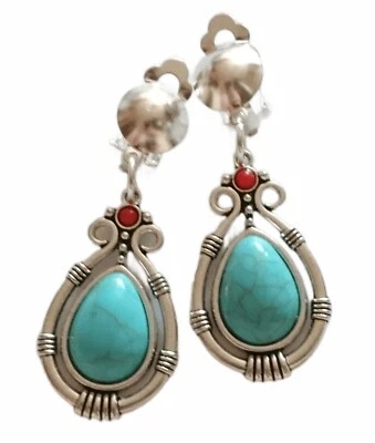 Ohrclips Clips Ohrringe rot türkisf silberf 6 cm lang Ohrklipser - Bild 1 von 4