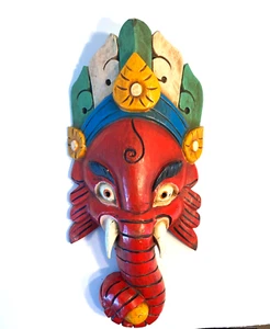 F11170 Hand Crafted Wooden Mask of Lord Ganesh Wall Hanging Made In Nepal - Picture 1 of 4