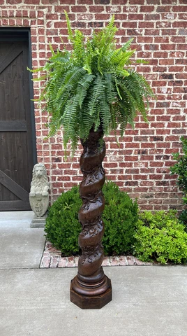Antique French Barley Twist Pedestal Plant Stand Newell Post Grapevine Oak 57" T Cover