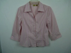 Caslon Women’s Pink Striped Half Button Front 66% Cotton Shirt Size M K-73 - Picture 1 of 8