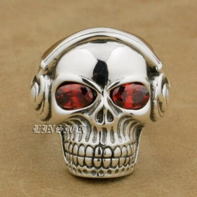 Auriculares de plata esterlina 925 ojos circonita cúbica anillo calavera DJ estudio música 8YX11D BZ Foto 1 de 4