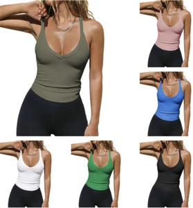 Womens Sleeveless Racerback V Neck Casual Basic Knit Slim Fitted Tank Top Camis - Picture 1 of 18