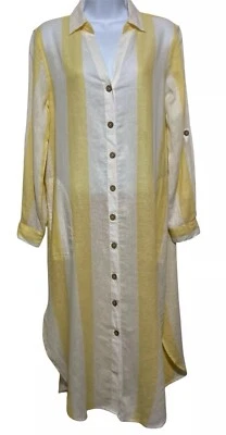 Maxi cubierta de playa a rayas amarilla blanca mezcla de lino azul isla talla XS Foto 1 de 4