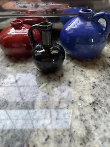 Set Of 3 1 Flower Pottery Vases Red Colbalt Blue And Black Small Table Scape - Picture 1 of 11