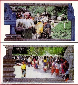 CAMBODIA 20 RIELS P-R3 1993-1999 KHMER ROUGE INFLUENCE BUFFALO STATUE UNC NOTE - Picture 1 of 2