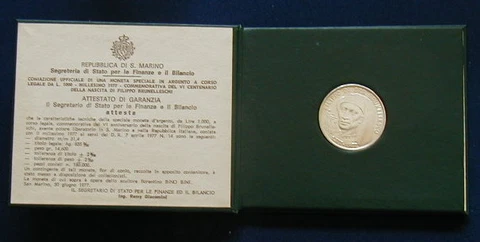 1977 SAN Marino (Italy) silver coin 1000 Lire UNC Brunelleschi in official box Cover