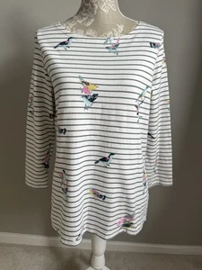 JOULES CREAM MULTI STRIPE BIRD PATTERN 3/4 SLEEVE COTTON HARBOUR TOP SIZE 14 - Picture 1 of 15
