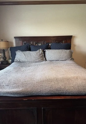 Pottery Barn Navy Striped Linen Cotton Duvet Cover King, Navy Blue - Image 1 of 4