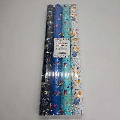 Hanukkah Gift Wrap Set  4 Rolls Quality  Gift Wrap Dreidel Menorah Set New - Image 1 of 4