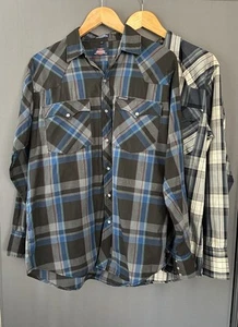 Dickies Pearl Snap Western Shirts (2) Medium Blue Plaid Long Sleeve Cowboy Rodeo - Picture 1 of 24
