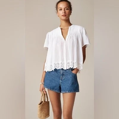 J. Top Pintuck Crew para mujer blanco con ribete de encaje en gasa de algodón, talla XS Foto 1 de 4