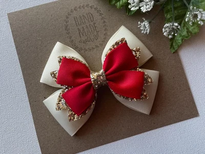 Christmas Hunter Ivory and Gold. 4" Hair Bow made by Pink Hair Bow Boutique - Image 1 of 4