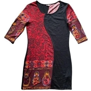 Matryoshka Doll Print Dress Red Black Novelty Unique Casual Women XL - Picture 1 of 10