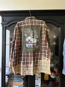 UPCYCLED BLEACHED FLANNEL SHIRT FARM FRESH PUMPKINS UNISEX SZ 2XLT BROWN WHT GRN - Picture 1 of 1