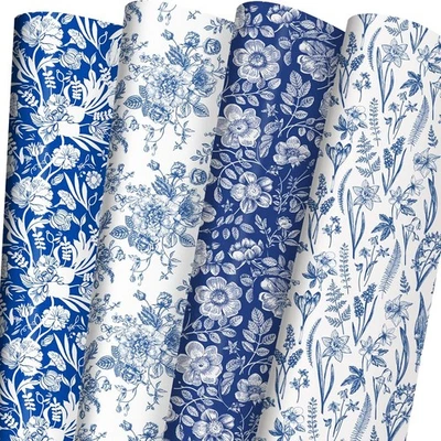 ZINTBIAL Blue White Floral Wrapping Paper 20x29 Inch (Pack of 8), Blue-Floral  - Image 1 of 4