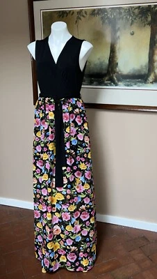 VTG Beige by eci Dress Maxi Sleeveless VNeck Lined Floral Print Black Pink Sz 8 - Image 1 of 4