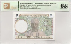 1937 French West Africa 5 Francs Pick#21 65 EPQ Gem UNC - Picture 1 of 2