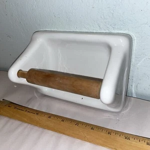 Bright Polar White; Glossy Ceramic Toilet Paper Holder with wood roller, New - Picture 1 of 5