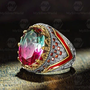 925 Sterling Silver Tourmaline Stone Red Enameled Turkish Men's Ring - Picture 1 of 4