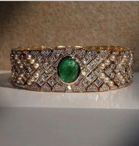Lustrous Pearls Saturated emerald and Scintillating CZ Women Bangle Bracelet - Picture 1 of 3