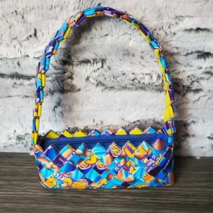 Y2K Recycled Candy Wrapper Baguette Style Mini Zipper Purse Blue Yellow KITSCHY - Picture 1 of 5