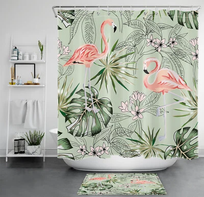 Tropical Plant Pink Flamingo Sage Green  Shower Curtain Bathroom Accessories Set - Image 1 of 4