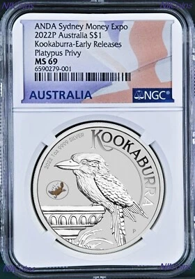 2022 Kookaburra 1oz Silver $1 Coin Platypus Privy Sydney  Expo NGC MS69 ANDA ER - Image 1 of 2