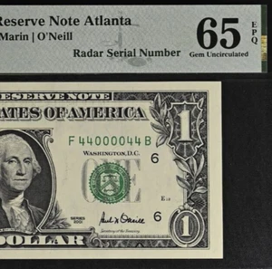 2001 $1 Federal Reserve Note PMG 65EPQ - Birthday - Radar Serial Number 44000044 - Picture 1 of 3