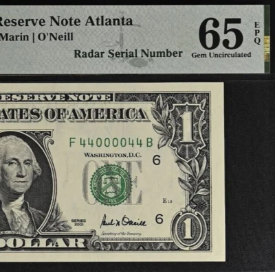 2001 $1 Federal Reserve Note PMG 65EPQ - Birthday - Radar Serial Number 44000044 - Image 1 of 3
