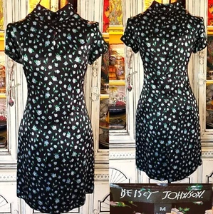 Vintage Betsey Johnson Dress Black Satin Rose Floral Asian Chinese Geisha Sz M - Picture 1 of 12
