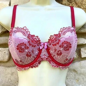 Soma Bra Flirtation Balconette Womens 34D Pink Red Lace Underwire Molded Cups - Picture 1 of 5