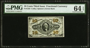 U.S. 1864-69 10 CENTS FRACTIONAL CURRENCY FR-1255 CERTIFIED PMG "CHOICE-64-EPQ" - Picture 1 of 2