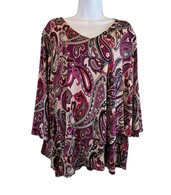 Top Susan Graver Mujer XL Púrpura Rosa Paisley Cuello en V 3/4 Slve Slinky Tejido Líquido Foto 1 de 4