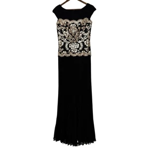 Vestido Tadashi Shoji Talla 6 Negro Dorado Lentejuelas Bordado Plisado Vestido de Noche - Imagen 1 de 10
