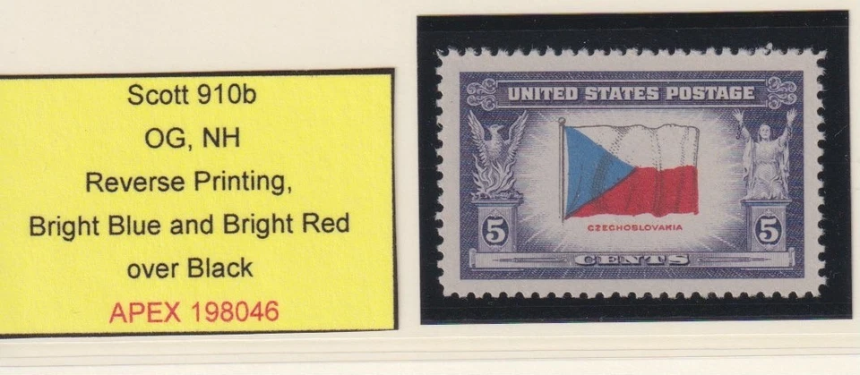 U.S. Sc #910b Czechoslovakia Reverse Printing of Flag Colors VF/XF NH w/APS CERT - Image 1 of 2
