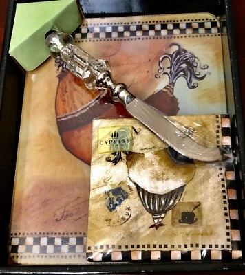 Cypress Home Cutting Board Cheese Spreader Knife Napkins Hostess Set RoosterNew - Image 1 of 3