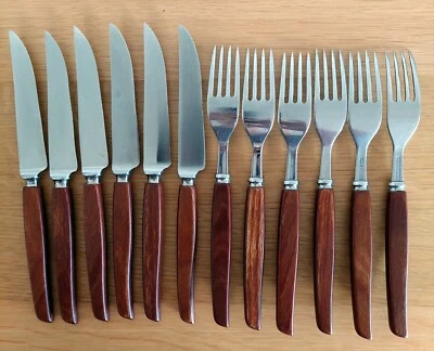je 6 Stück Messer und Gabel mit Holzgriff Steakmesser Frühstücksbesteck Besteck - Bild 1 von 4