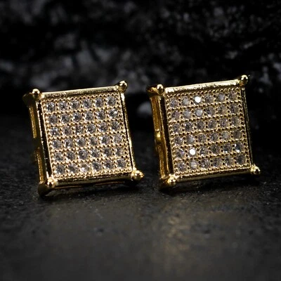 Aretes cuadrados de oro amarillo de plata esterlina hip hop circonita cúbica de pantalla plana para hombre Foto 1 de 4