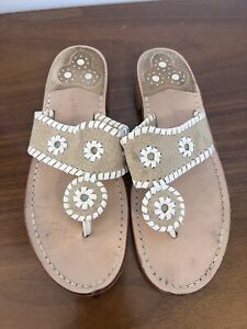 Jack Rogers Thong Sandals Womens SZ 9 Leather Tan White Slip On Heeled Flip Flop
