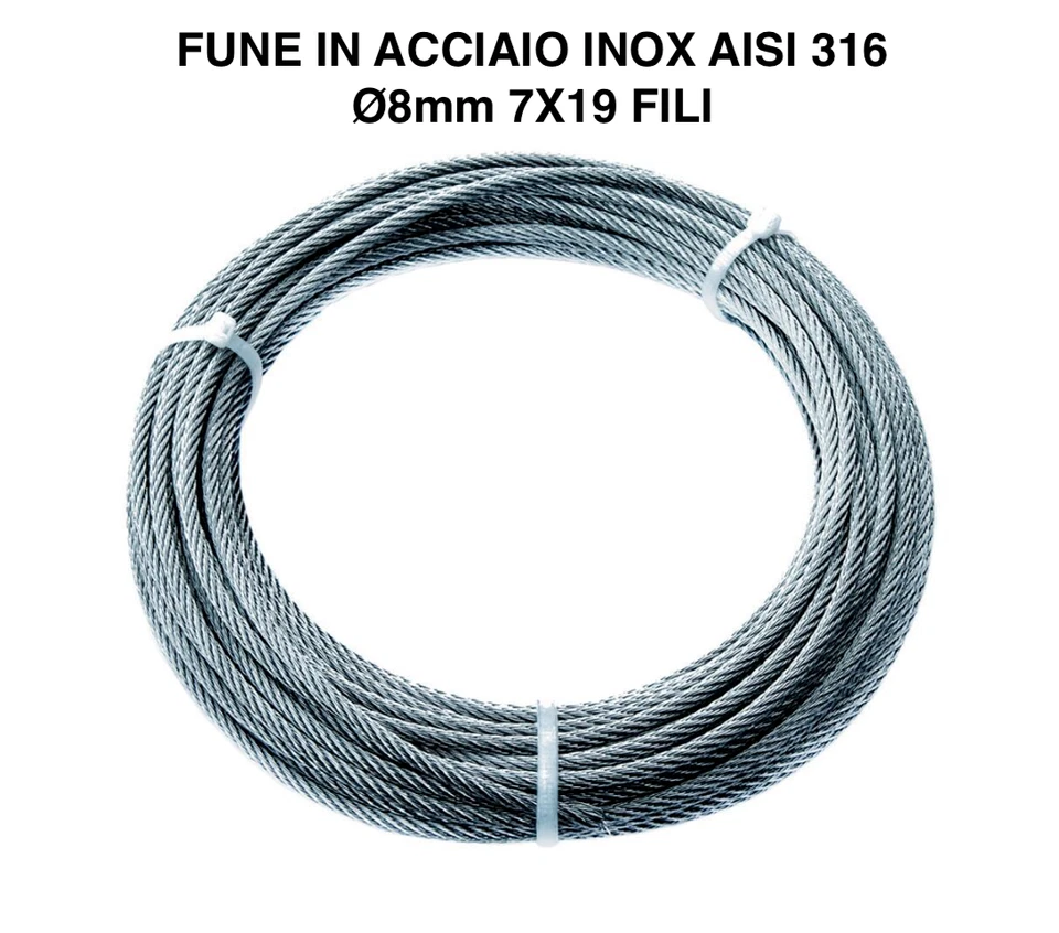 FUNE IN ACCIAIO INOX AISI 316 DIAMETRO Ø8mm 7x19 FILI CAVO LINEA VITA € al METRO - Immagine 1 di 1