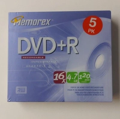5 Pack Memorex 16X 4.7GB 120 Minute DVD+R Factory Sealed RW - Image 1 of 2