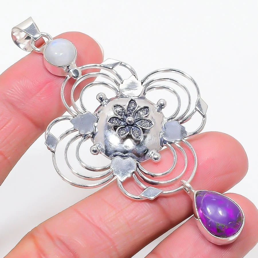 Natural Copper Turquoise Gemstone 925 Sterling Silver Jewelry Pendant Size 3.2" - Image 1 of 1